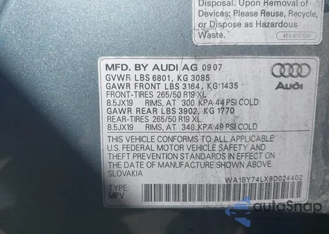 2008 Audi Q7 3.6 Premium z USA, uszkodzony, nr VIN WA1BY74LX8D024402